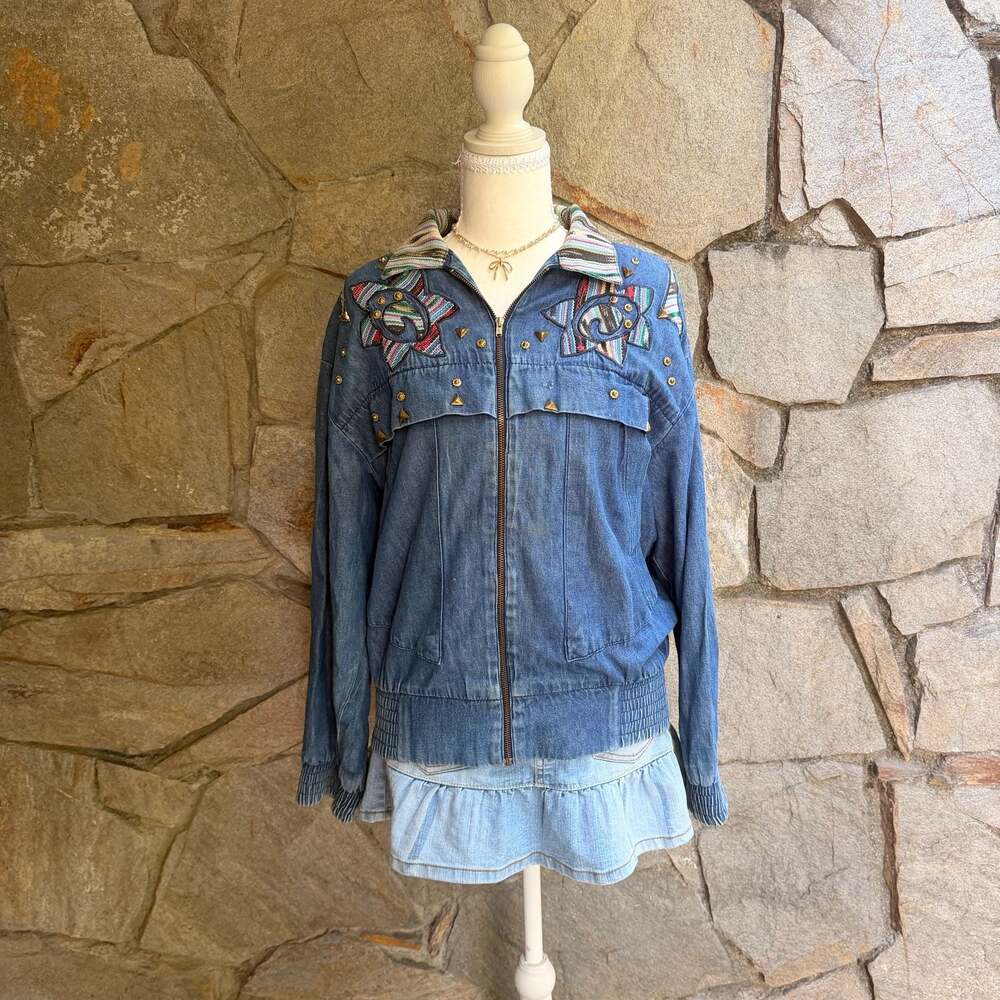Vintage Info USA denim bomber jacket- Southwestern embroidery and studs